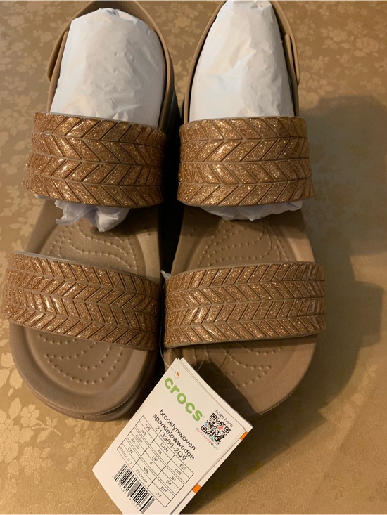 CROCS Shoes - CROCS Brooklyn Wedge Tan Glitter Two-Strap Slide Sandals Size 8